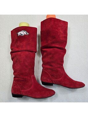 Red Suede Womens Tall Slouch Boots Sz 6M Arkansas Razorbacks Embroidery Leather